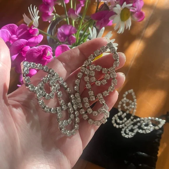 AREA Crystal Butterfly Earrings, Silver, 3”x2.75” - Picture 2 of 10